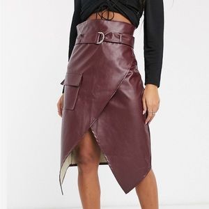 Missguided Faux Leather Belted Wrap Front Skirt Burgundy
